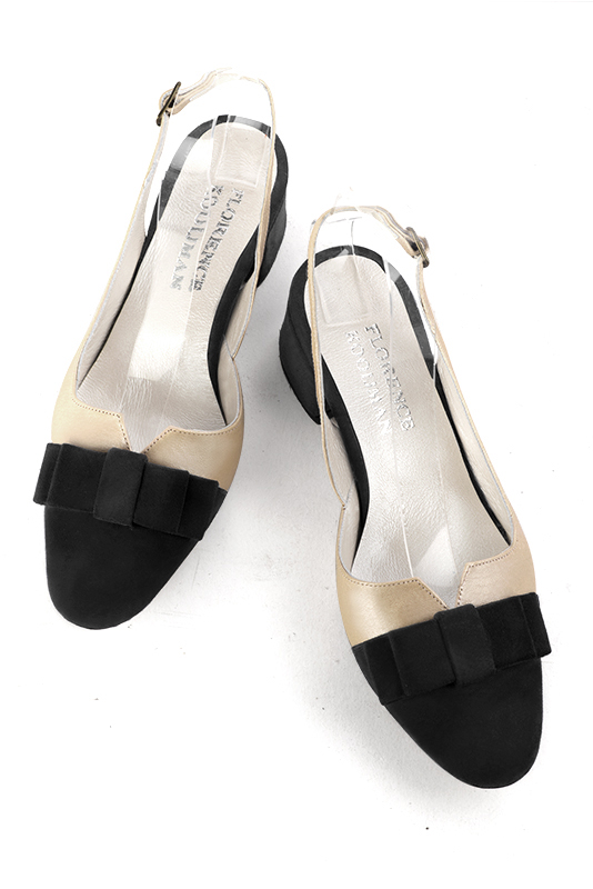 Matt black and gold women's open back shoes, with a knot. Round toe. Low flare heels. Top view - Florence KOOIJMAN
